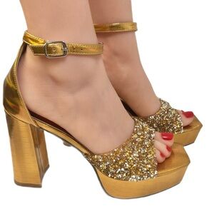 10 GOLD Silver Glitter Shimmering Bling Glam Gold Ankle Strap Platform Heels